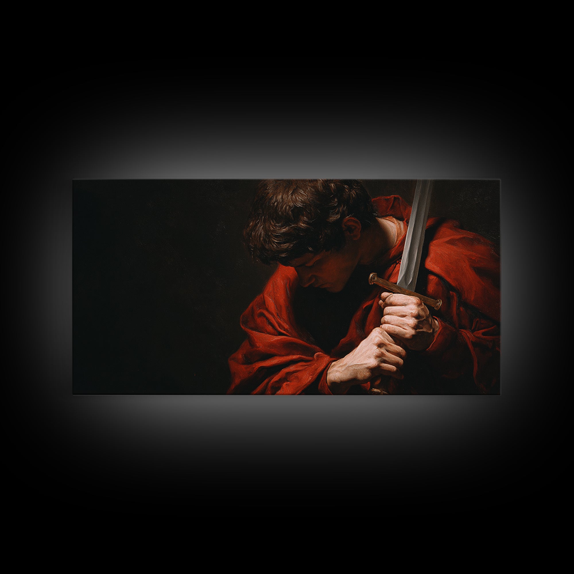 Red Cloaked Swordsman In Shadow Framed Canvas Print, Medieval Portrait Wall Art, Dark Academia Office Decor, Gift For Him