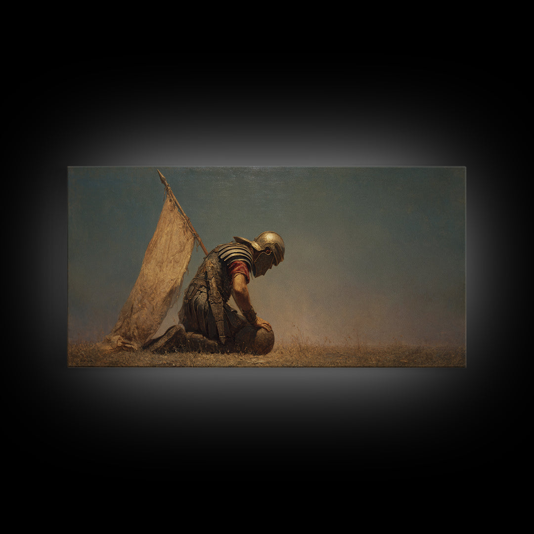 Kneeling Ancient Soldier Beside Tent Canvas Print, Historical Warrior Wall Art, Desert Battlefield Decor, Masculine Gift For Him