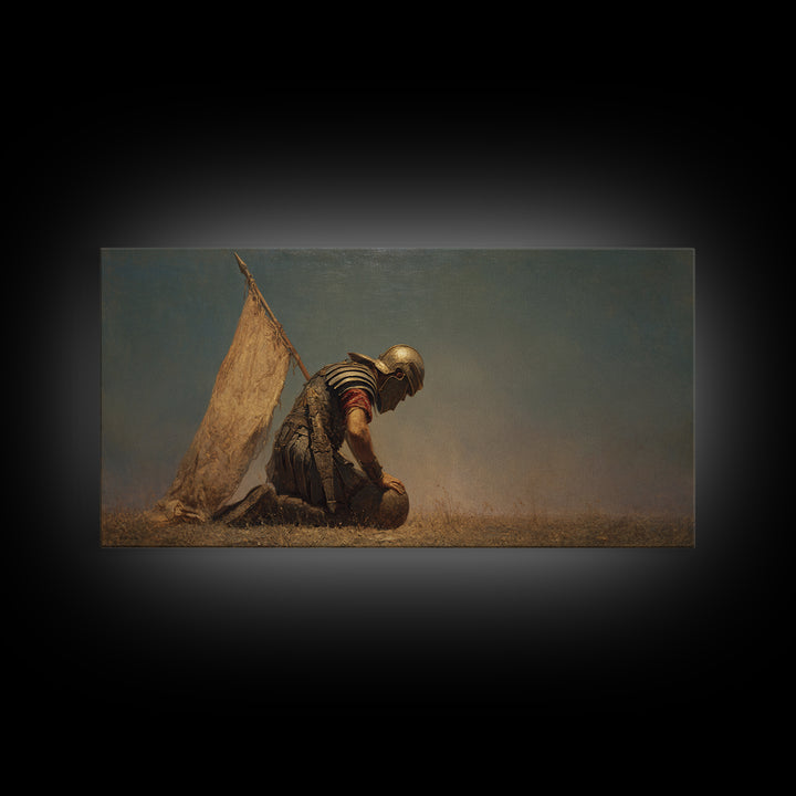 Kneeling Ancient Soldier Beside Tent Canvas Print, Historical Warrior Wall Art, Desert Battlefield Decor, Masculine Gift For Him