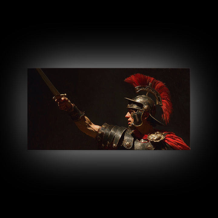 Roman Centurion Raising Sword Framed Canvas Print, Ancient Warrior Wall Art, Dark Academia Decor, Gift For Him, Masculine Office Decor