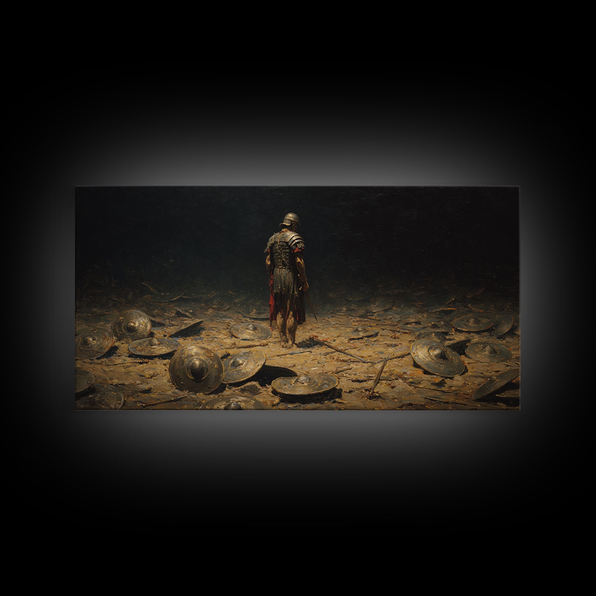 Lone Roman Warrior On Battlefield Framed Canvas Print, Dark Historical Wall Art, Moody Ancient Decor, Masculine Office Art