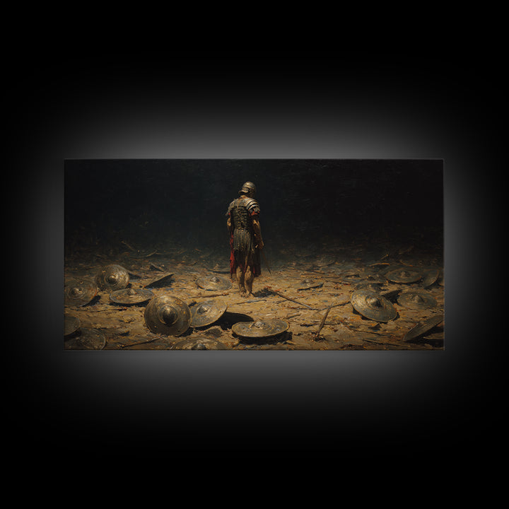Lone Roman Warrior On Battlefield Framed Canvas Print, Dark Historical Wall Art, Moody Ancient Decor, Masculine Office Art