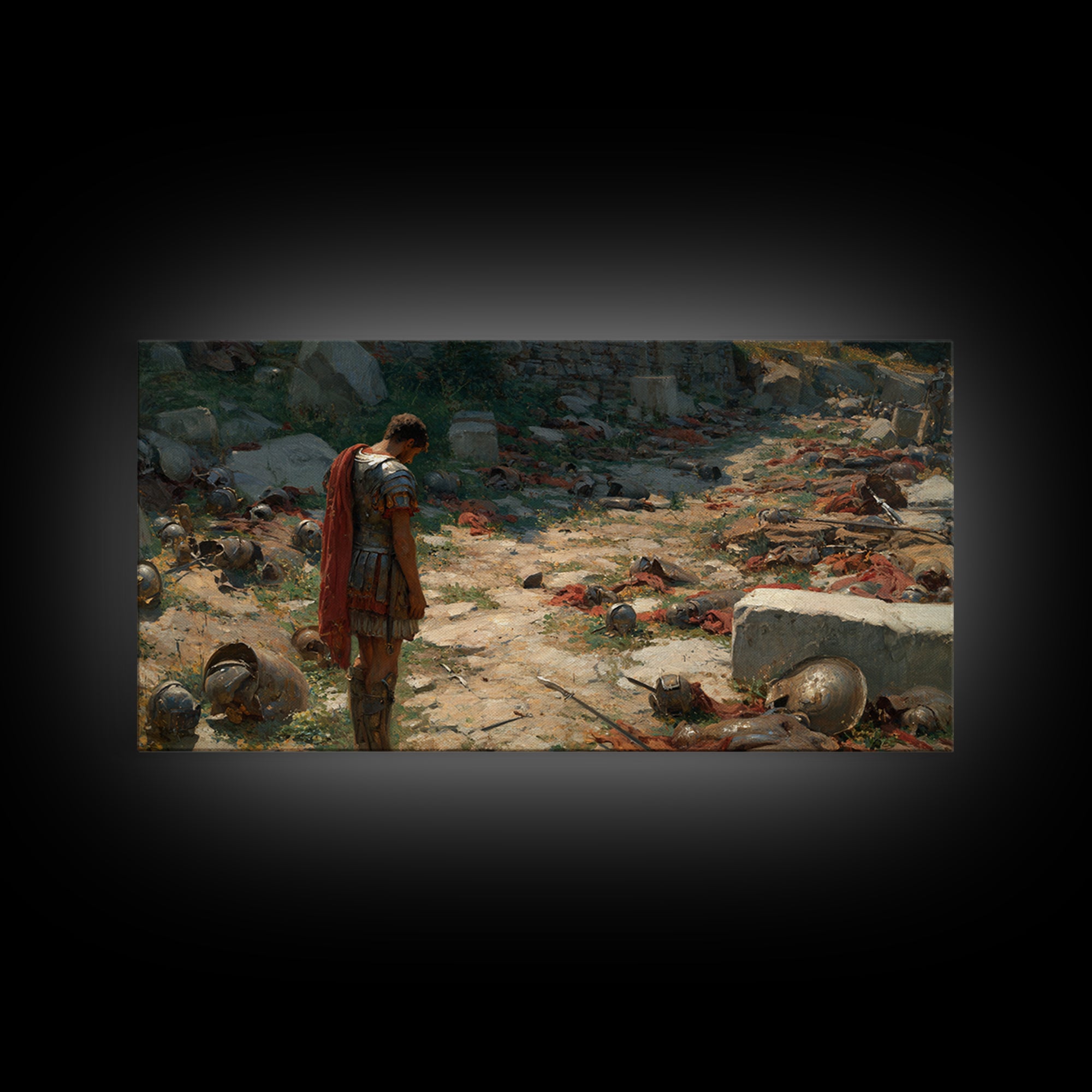 Roman Soldier After Battle Wall Art, Ancient Warrior Canvas Painting, Historical Ruins Decor, Moody Office Art Gift For Him