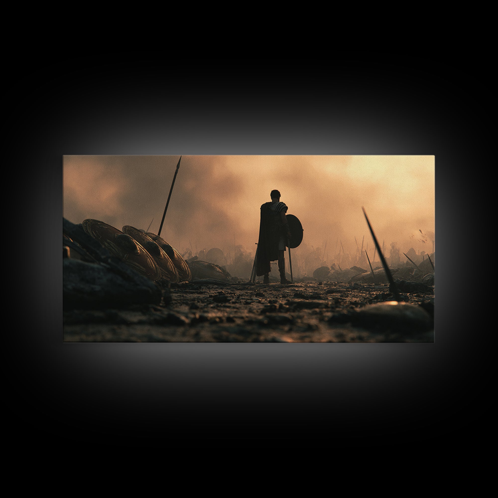 Lonely Spartan Warrior On Smoky Battlefield Canvas Print, Ancient Greek Wall Art, Masculine Office Decor, Gift For Him Poster