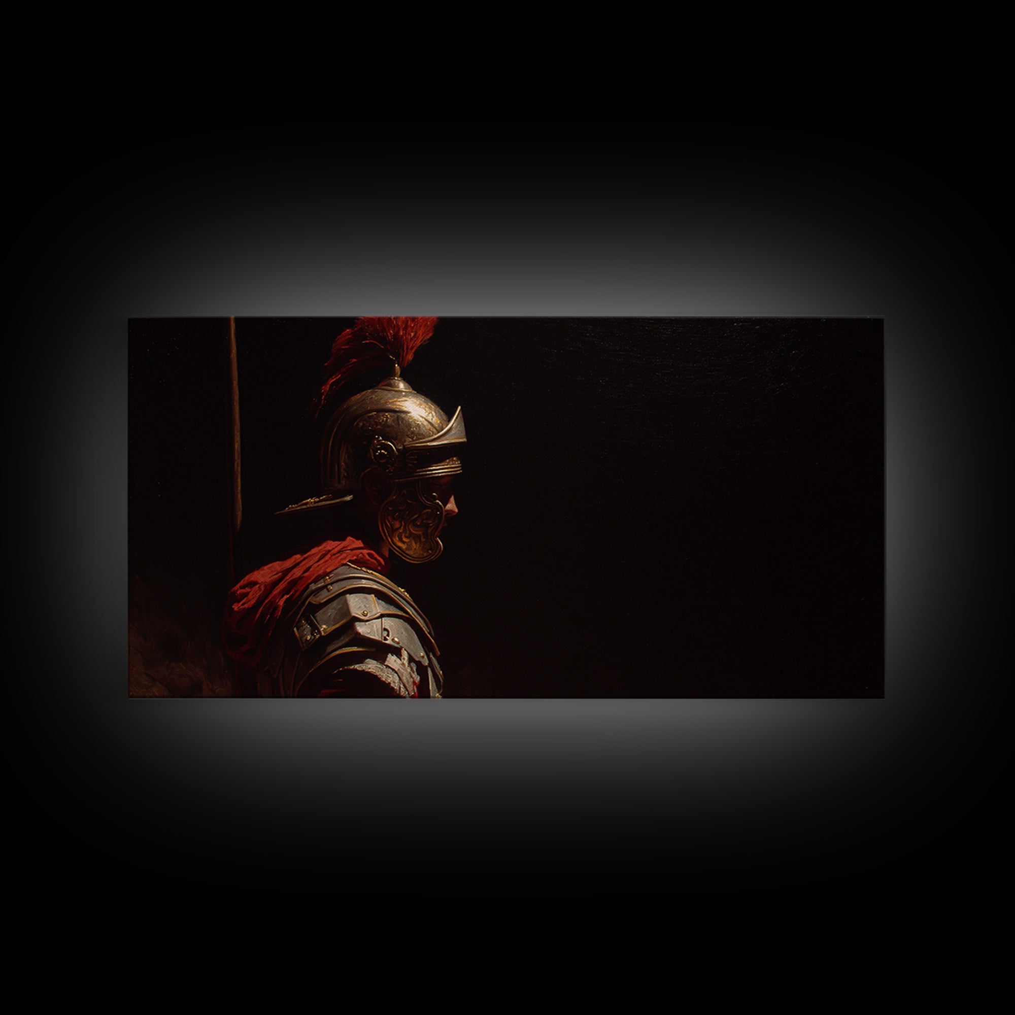 Roman Legion Helmet In Dramatic Shadow Wall Art, Classical Warrior Canvas, Dark Academia Decor, Masculine Office Art Print