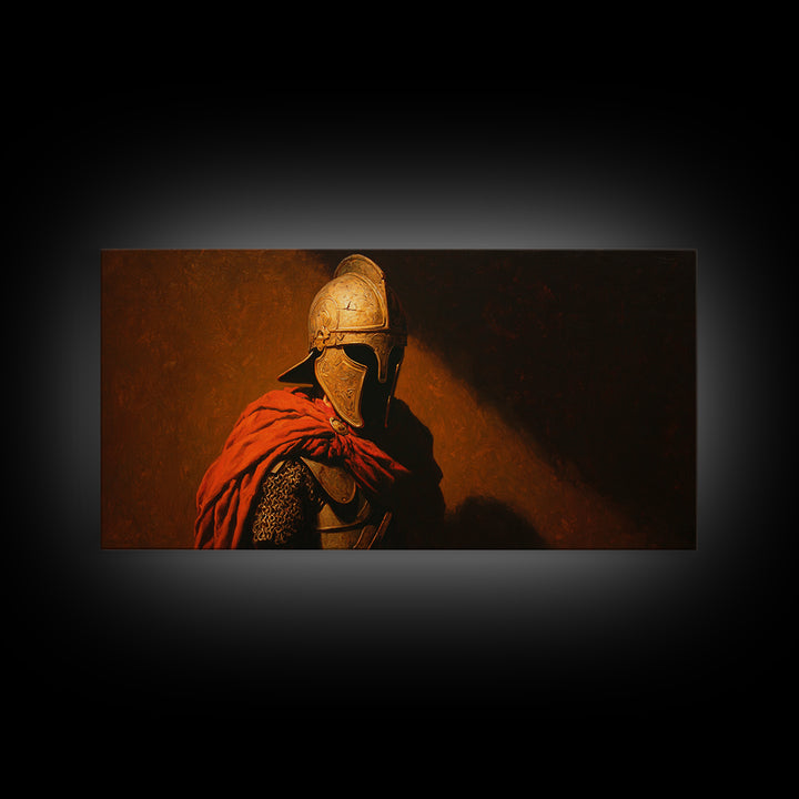 Ancient Helmeted Warrior In Red Cloak Canvas Print, Spartan Wall Art, Dark Academia Decor, Masculine Office Gift For Him
