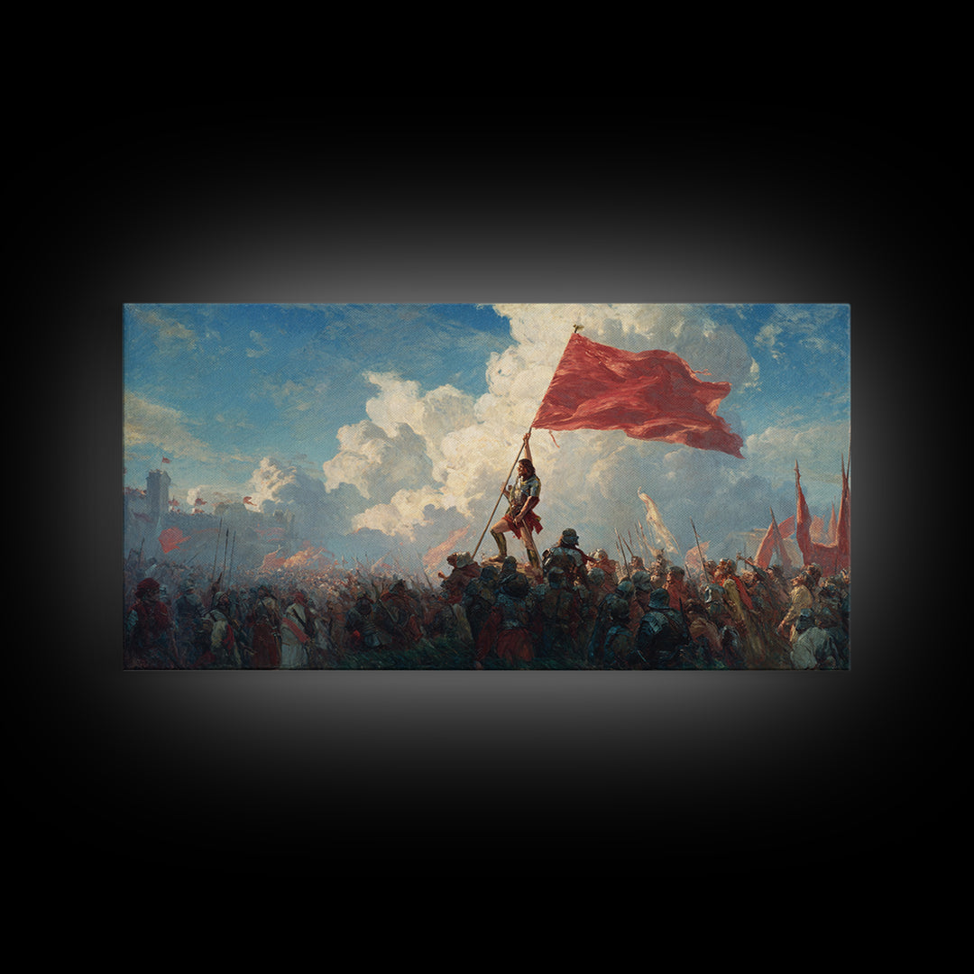 Epic Red Flag Battle Scene Wall Art, Historical Warrior Canvas, Dramatic Army Painting, Large Living Room Decor Gift For Him
