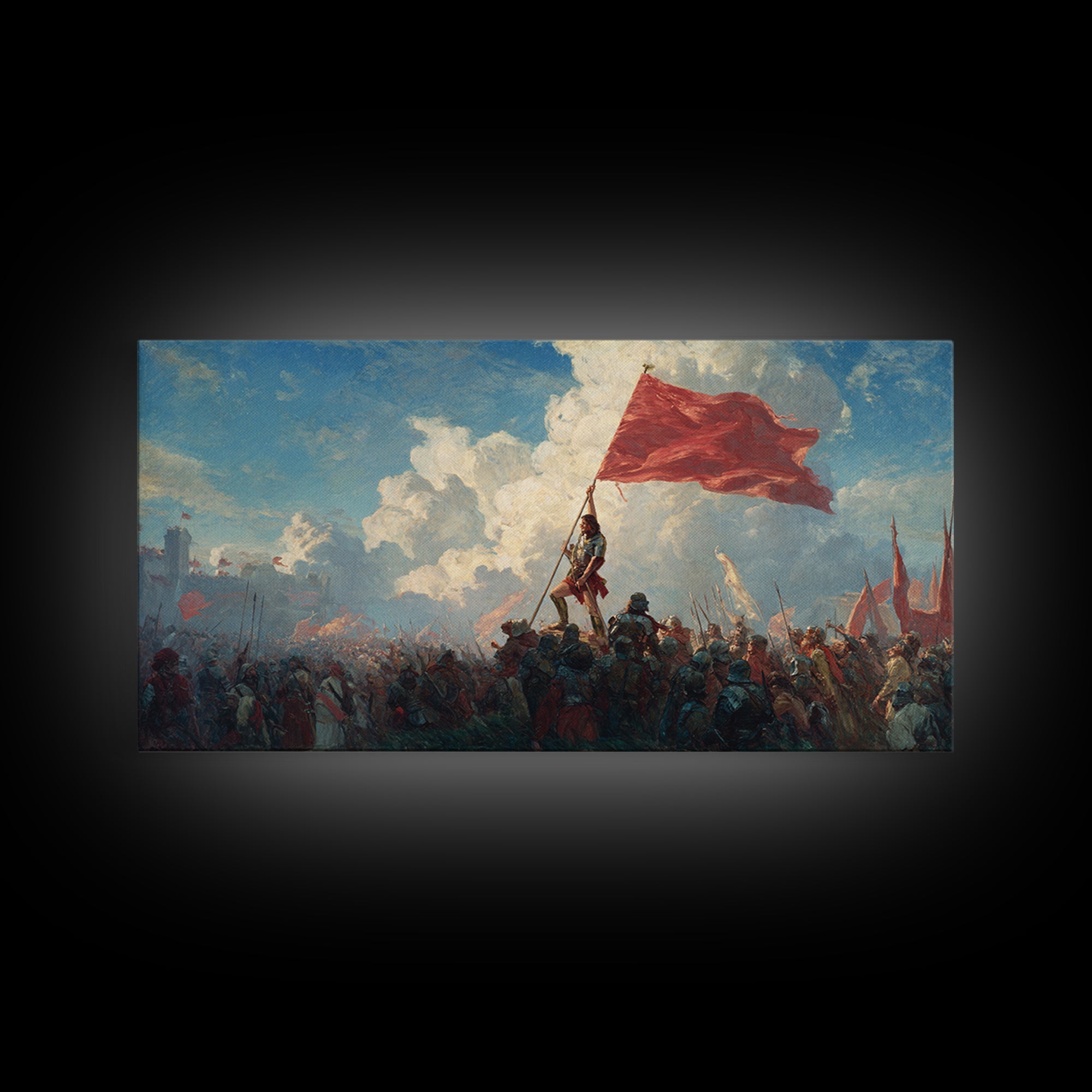 Epic Red Flag Battle Scene Wall Art, Historical Warrior Canvas, Dramatic Army Painting, Large Living Room Decor Gift For Him