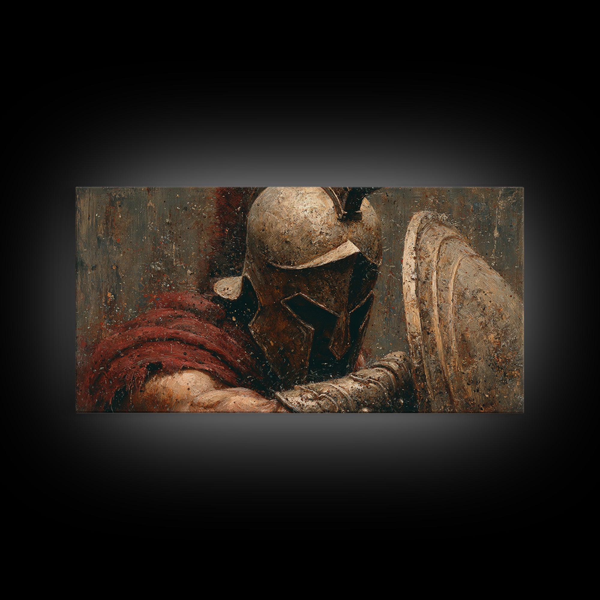 Bronze Helmet And Shield Warrior Framed Canvas Print, Ancient Battle Wall Art, Textured Painting, Gift For Him, Masculine Office Decor