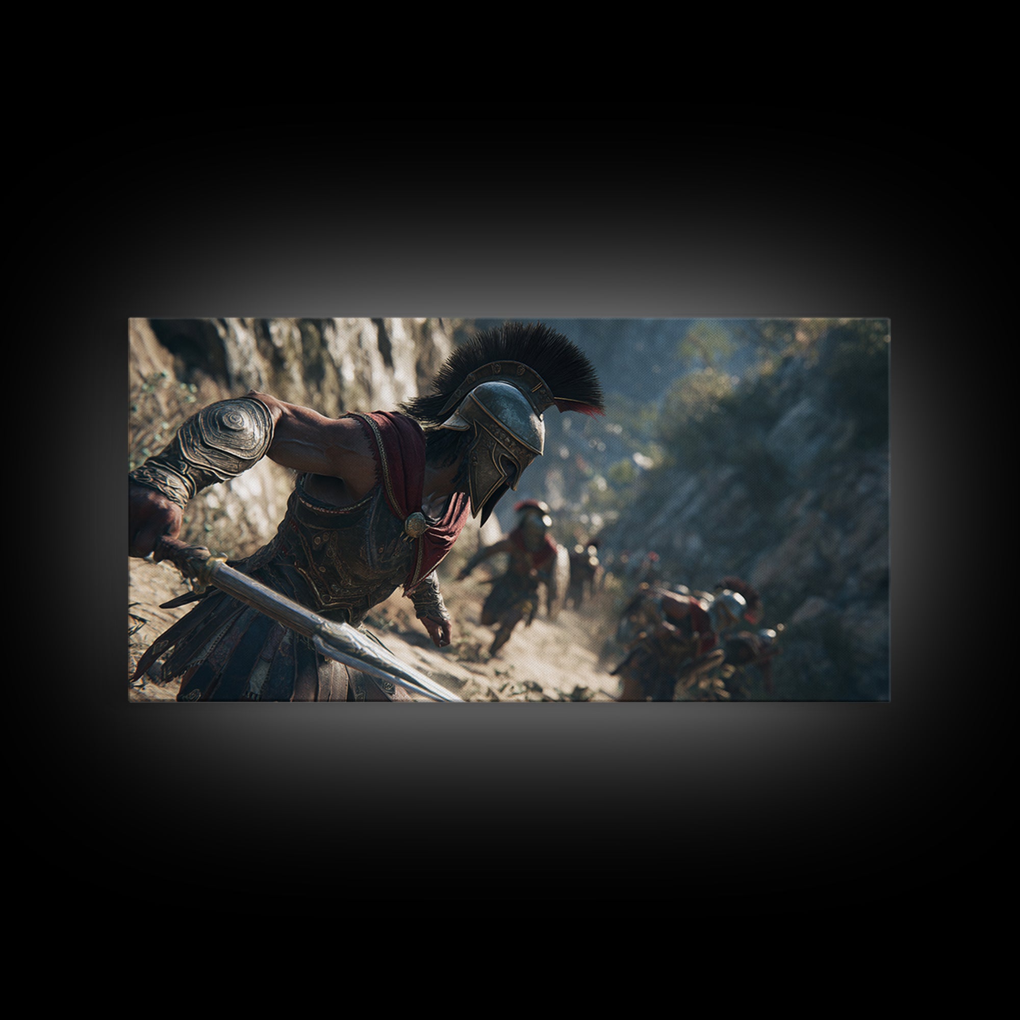 Spartan Warrior Sprinting Through Mountain Pass Wall Art, Ancient Greek Canvas Print, Battle Scene Decor, Masculine Office Poster