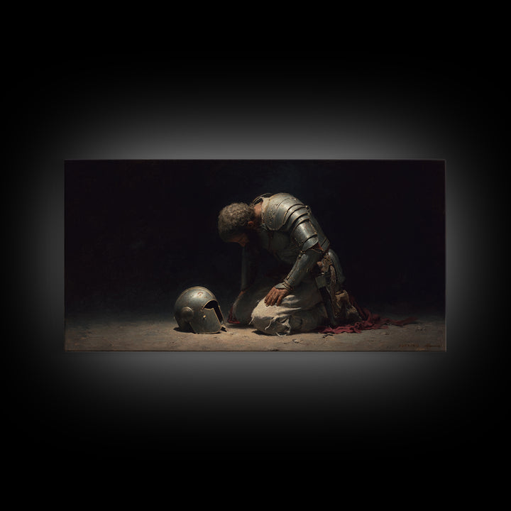 Kneeling Knight With Helmet Wall Art, Dark Medieval Canvas Painting, Gothic Warrior Decor, Moody Office Art Gift For Him