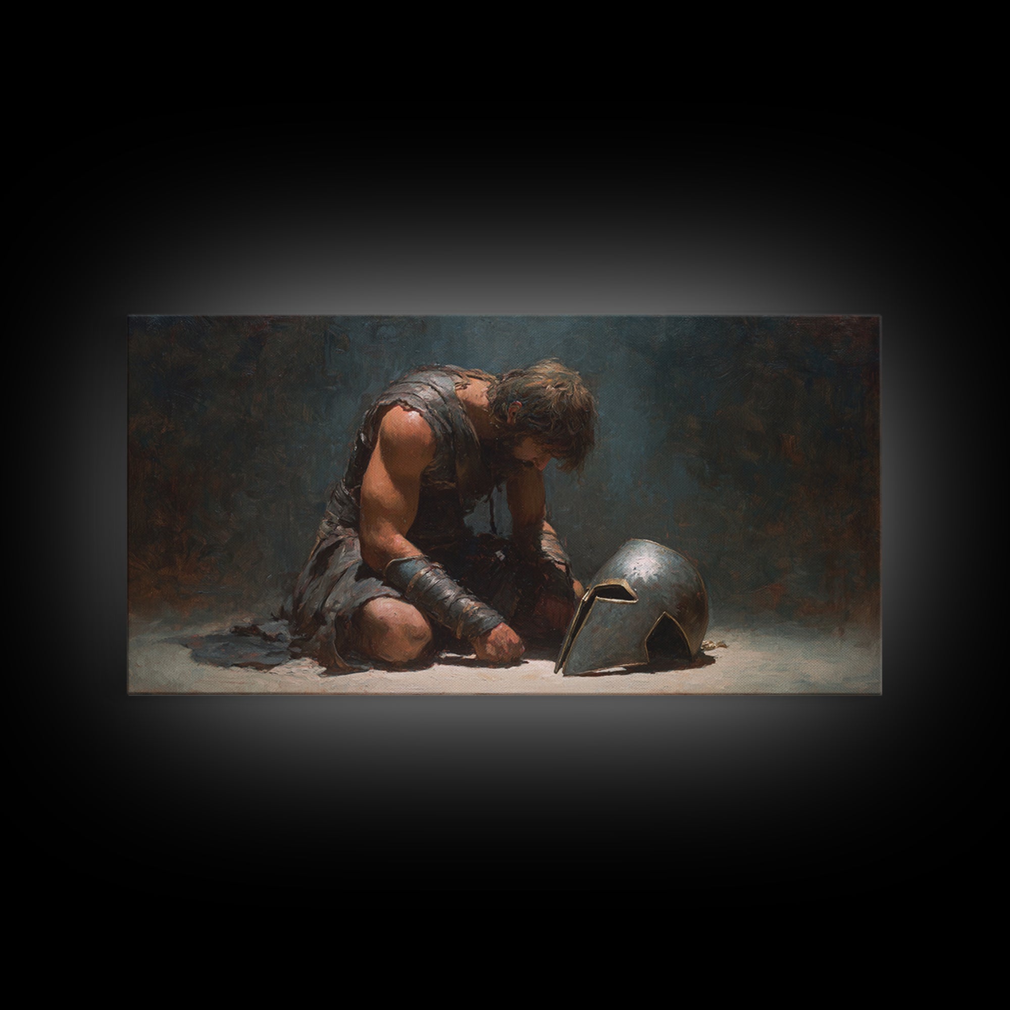 Defeated Ancient Gladiator With Helmet Framed Canvas Print, Dark Academia Wall Decor, Mythological Art, Gift For Him, Living Room Art