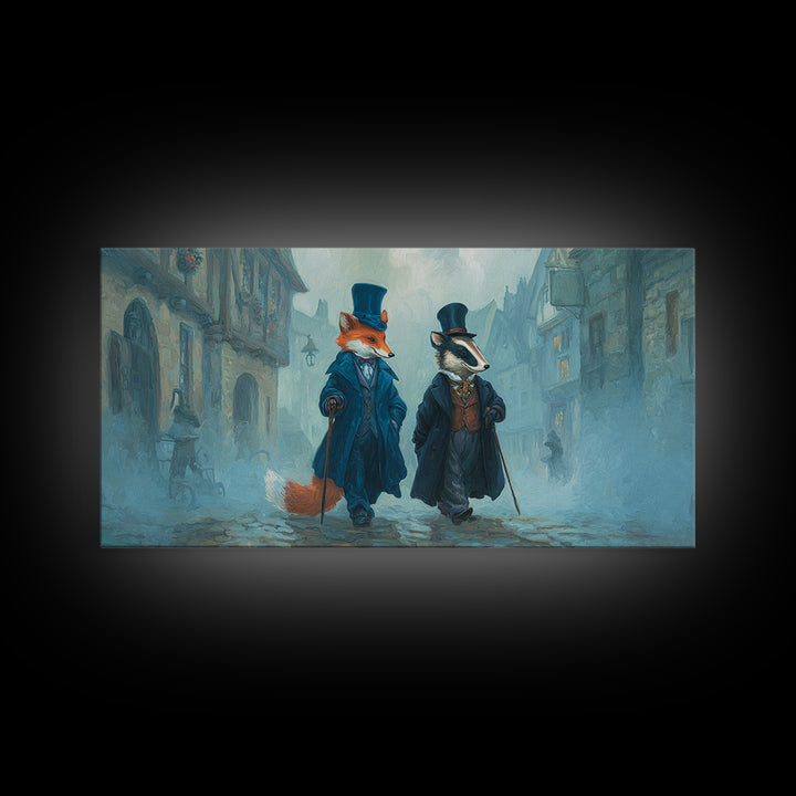 Dapper Fox And Badger In Foggy Village Canvas Print, Whimsical Animal Wall Art, Storybook Nursery Decor Gift, Kids Room Art