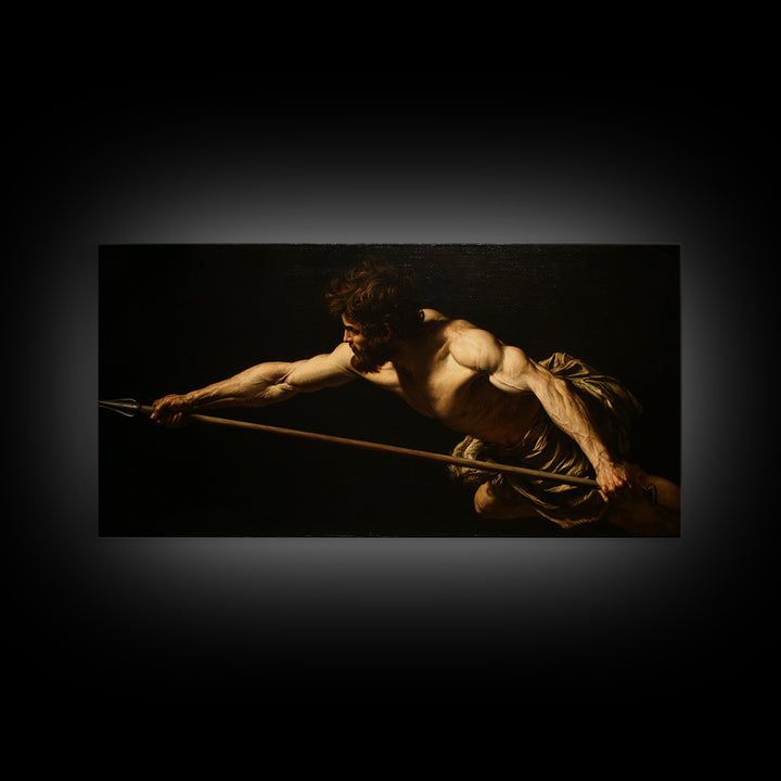 Muscular Warrior With Spear In Dramatic Shadow Wall Art, Baroque Classical Canvas, Dark Academia Decor, Mythology Art Print