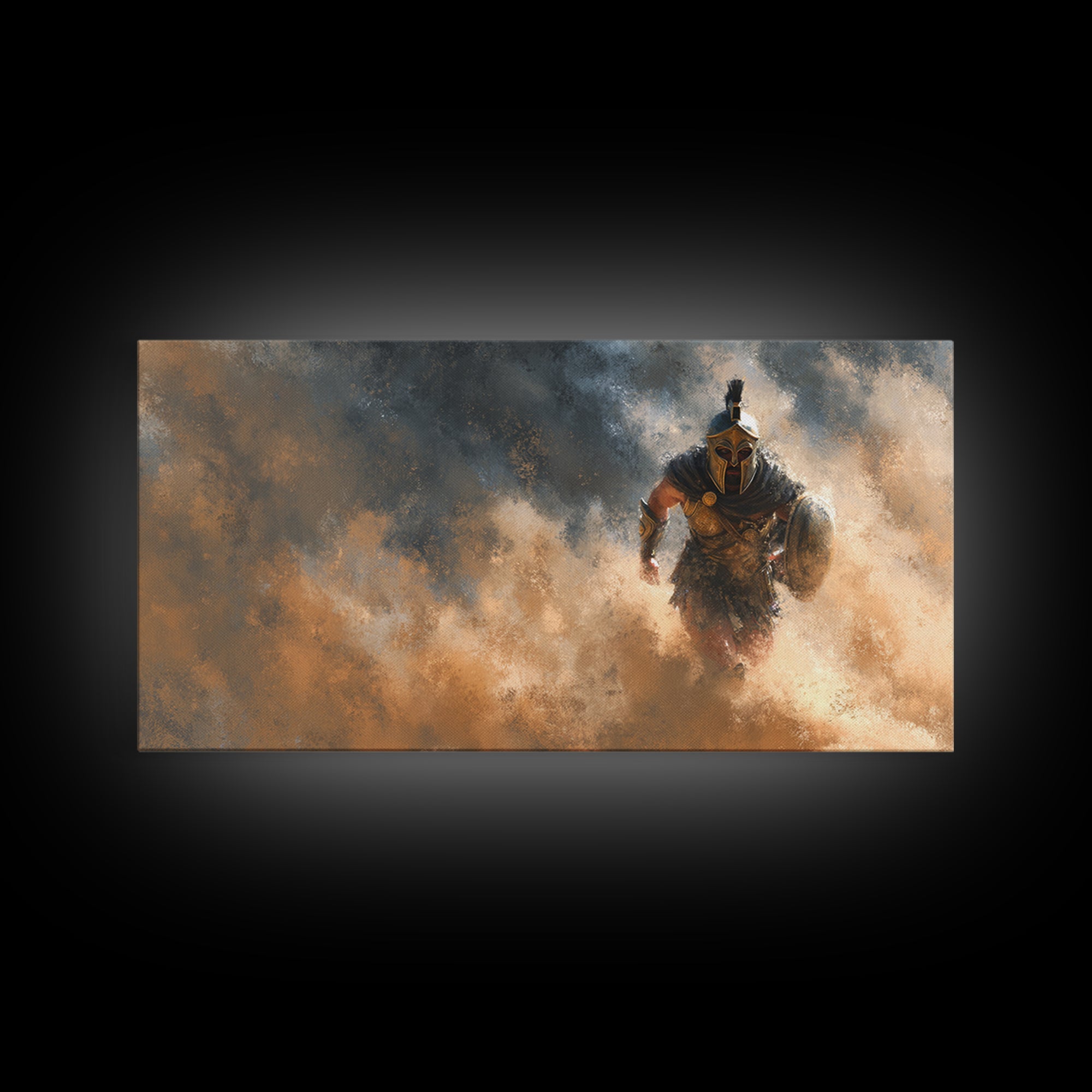 Armored Gladiator Charging Through Dust Framed Canvas Print, Roman Warrior Wall Art, Dramatic Man Cave Decor, Gift For Him