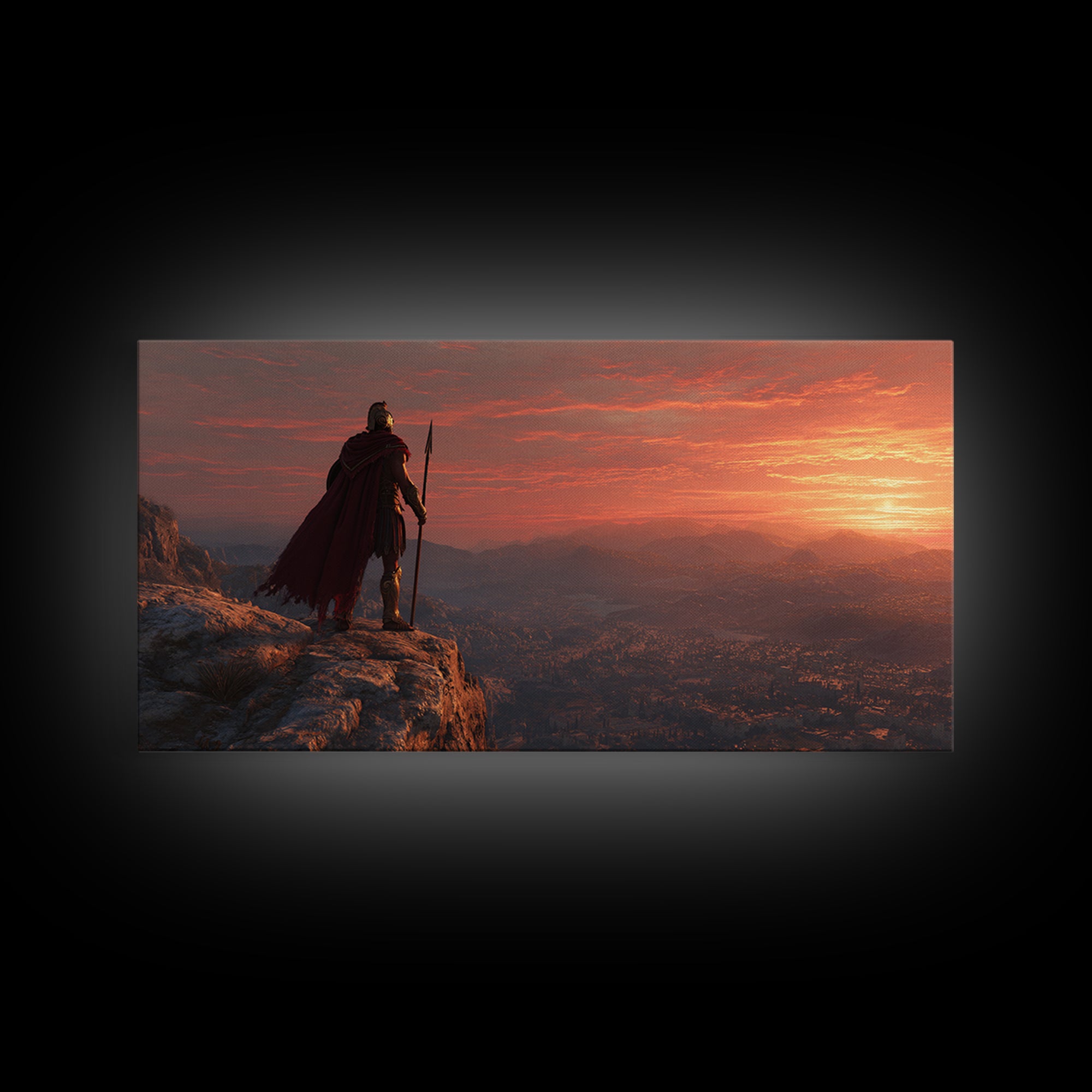 Epic Ancient Warrior Standing On Cliff Overlooking Valley Sunset Landscape Wall Art Modern Digital Painting Canvas Print For Office Decor