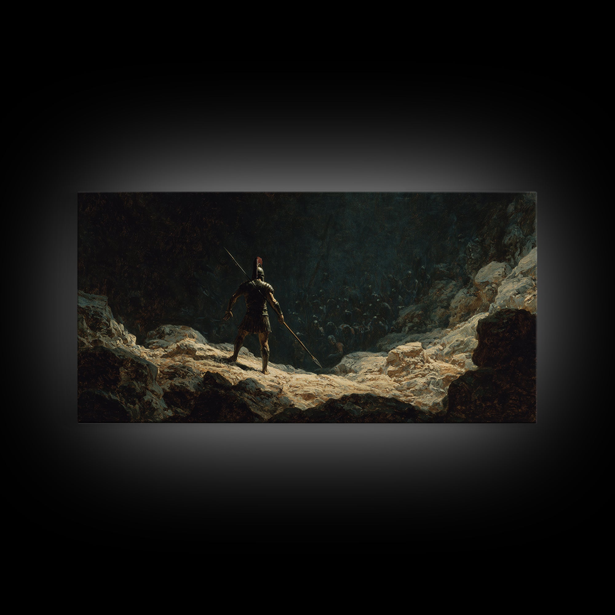 Lone Spear Warrior Facing Shadow Army Wall Art, Ancient Battle Canvas Print For Dark Fantasy Home Decor And Man Cave Office Decor