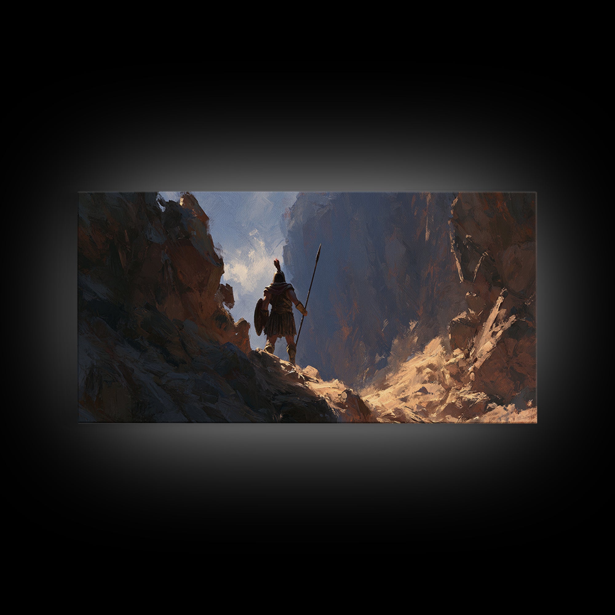 Lone Warrior In Mountain Canyon Framed Canvas Print, Fantasy Art, Mountain Wall Art, Rustic Decor, Gift For Him, Office Wall Art