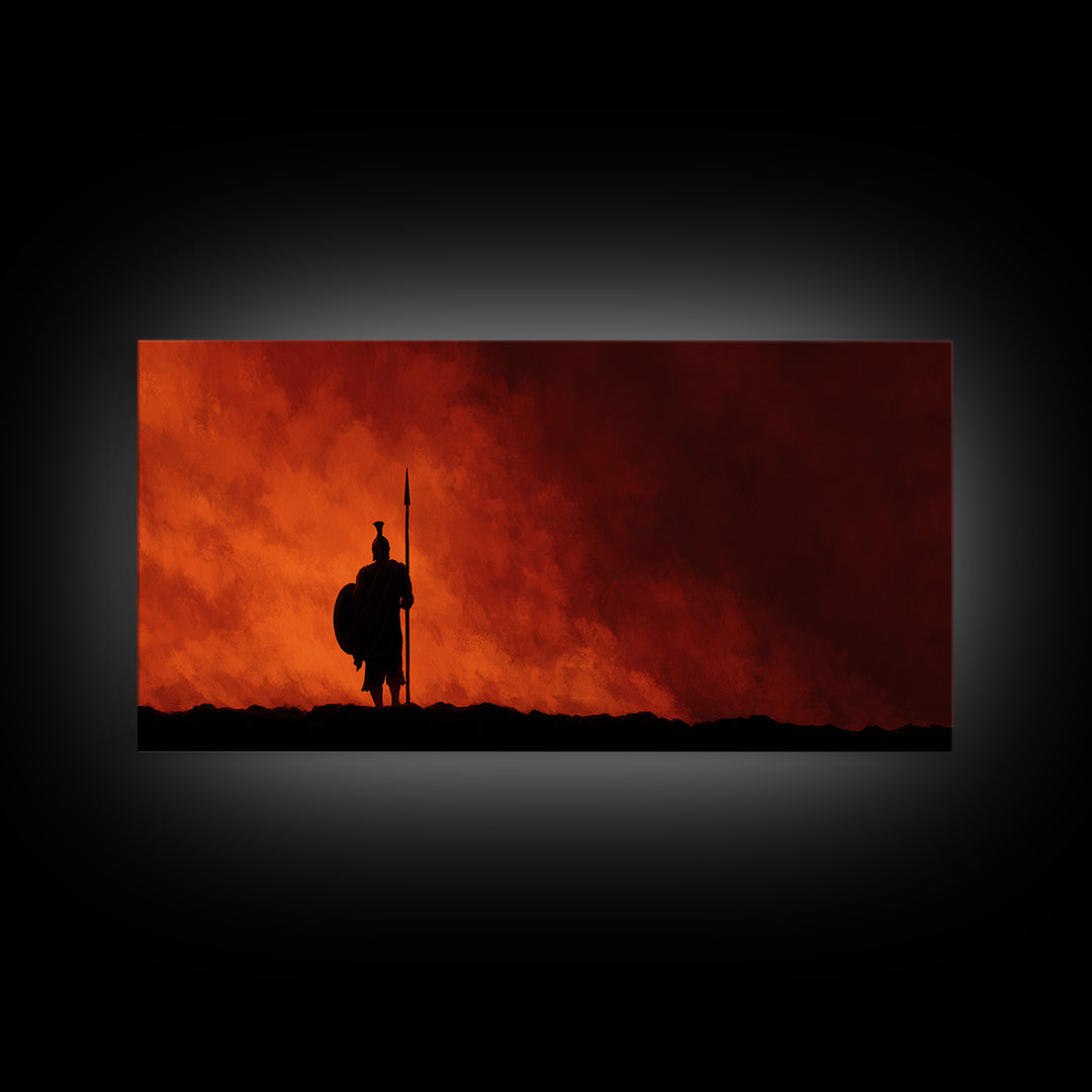 Lone Spear Warrior At Fiery Red Horizon Wall Art, Epic Fantasy Battle Canvas, Dark Warrior Decor, Man Cave Gift, Home Office Decor