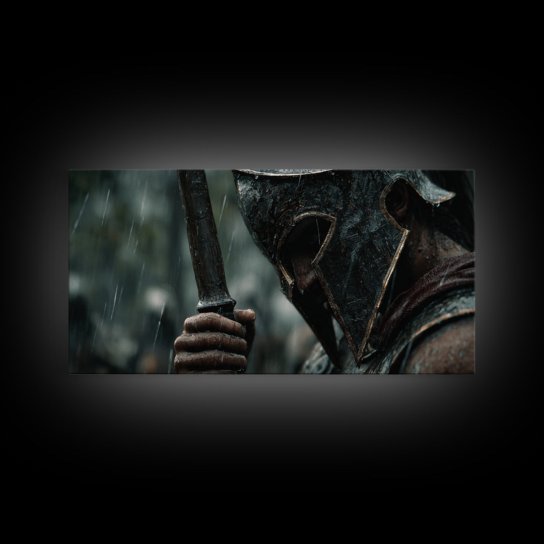 Rain Soaked Spartan Helmet And Axe Framed Canvas Print, Dark Warrior Wall Art, Ancient Battle Decor, Masculine Gift For Him
