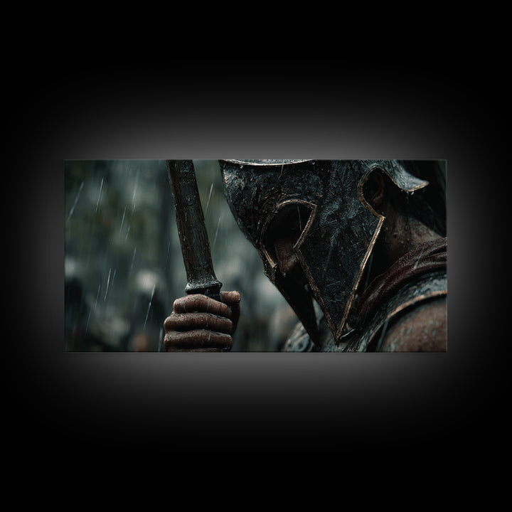 Rain Soaked Spartan Helmet And Axe Framed Canvas Print, Dark Warrior Wall Art, Ancient Battle Decor, Masculine Gift For Him