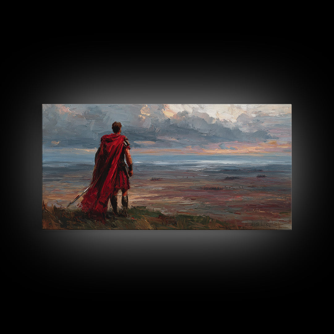 Red Cloaked Warrior Over Stormy Shore Wall Art, Epic Coastal Landscape Canvas Print, Fantasy Living Room Decor, Gift For Him