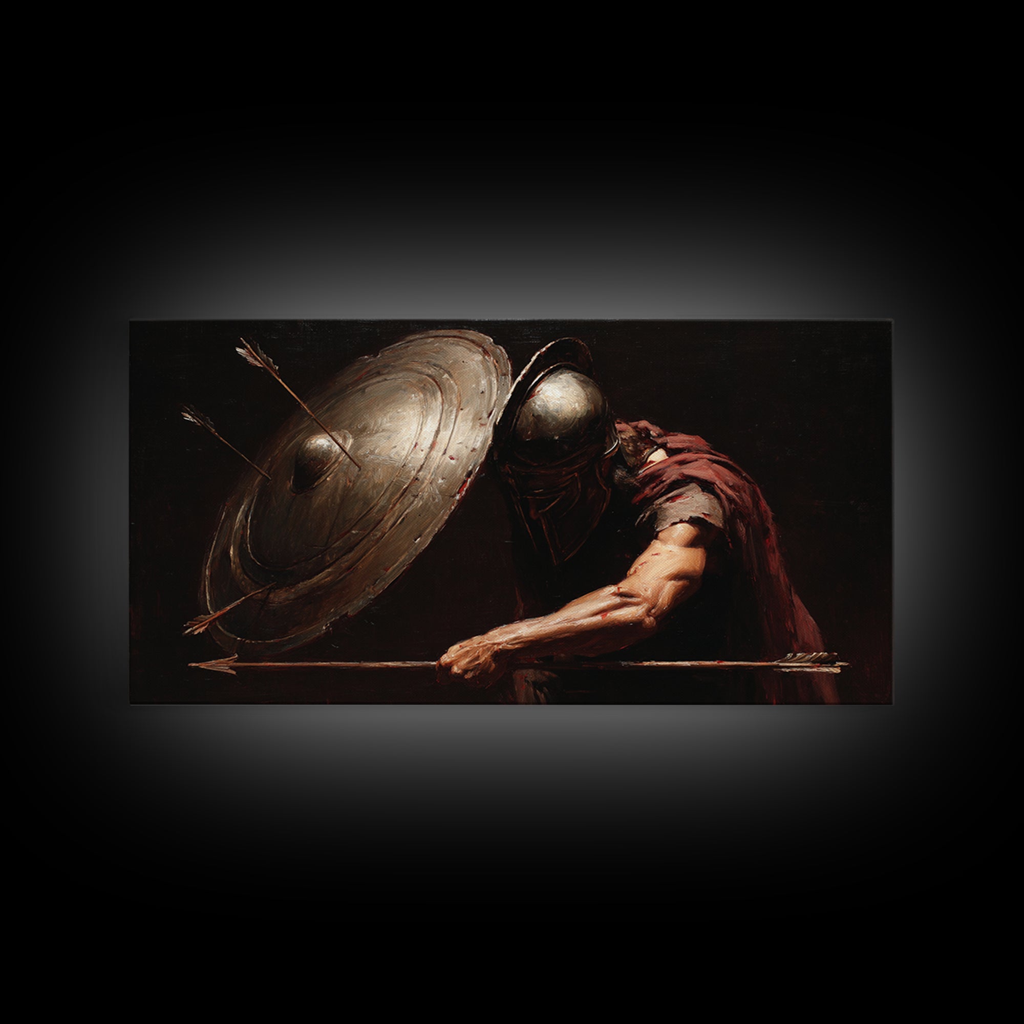 Armored Warrior With Shield And Spear Canvas Print, Dark Fantasy Wall Art, Medieval Battle Decor For Office Or Man Cave Gift