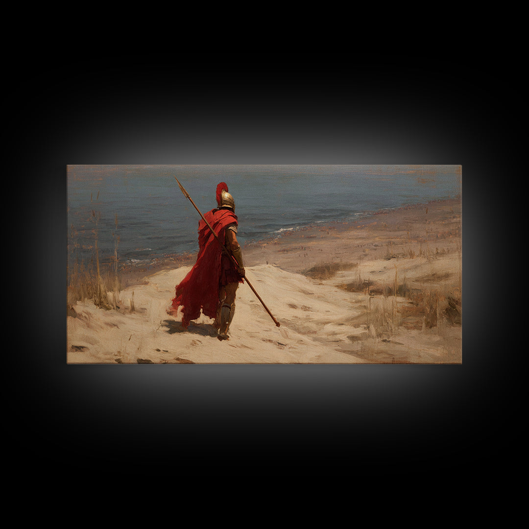 Lone Spartan Warrior On Shore Framed Canvas Print, Ancient Greek Wall Art, Historical Coastal Decor, Masculine Gift For Him