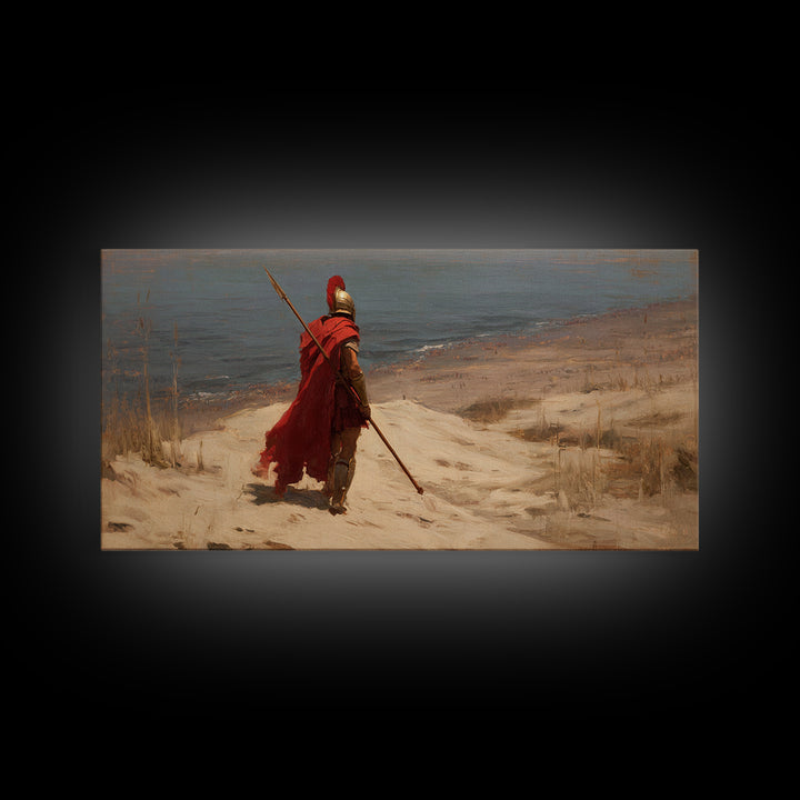 Lone Spartan Warrior On Shore Framed Canvas Print, Ancient Greek Wall Art, Historical Coastal Decor, Masculine Gift For Him
