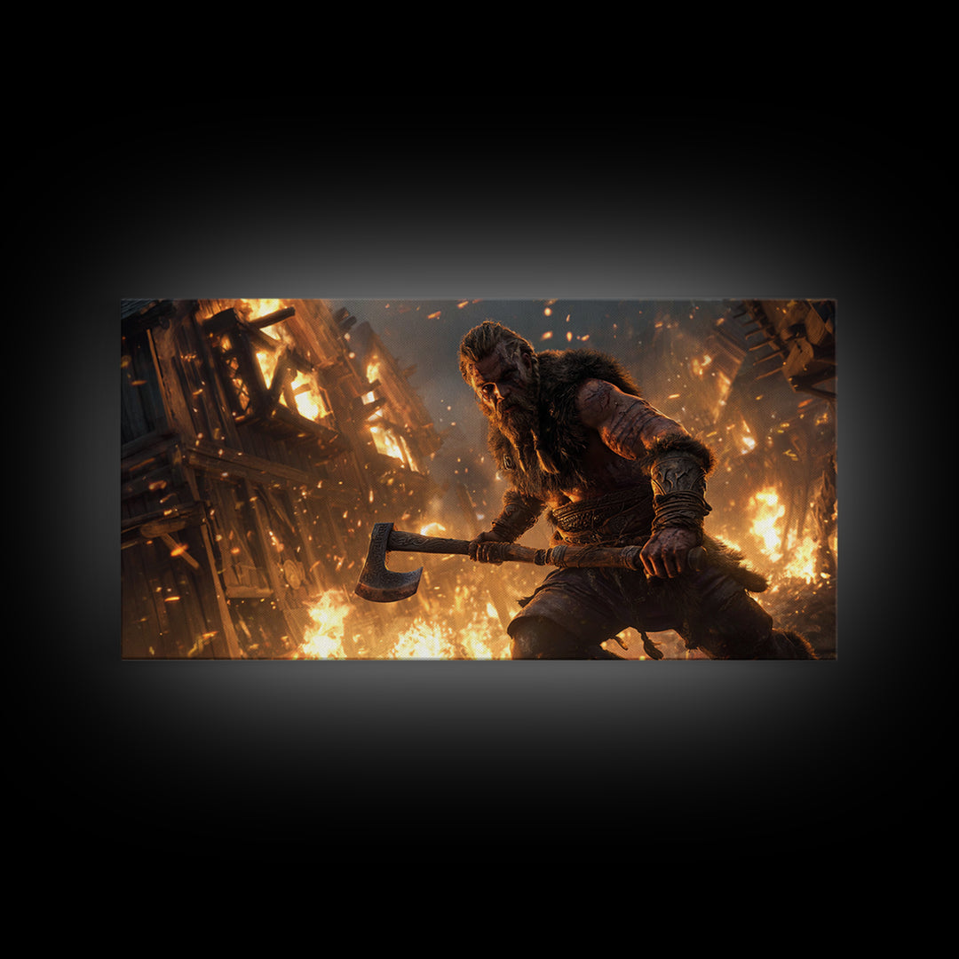 Fiery Viking Warrior Holding Axe Against Burning Village Background Canvas Print For Rustic Home Decor And Office Art