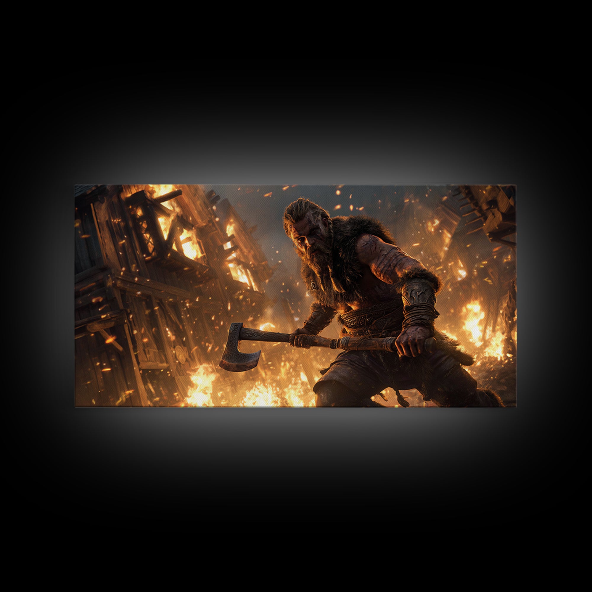 Fiery Viking Warrior Holding Axe Against Burning Village Background Canvas Print For Rustic Home Decor And Office Art