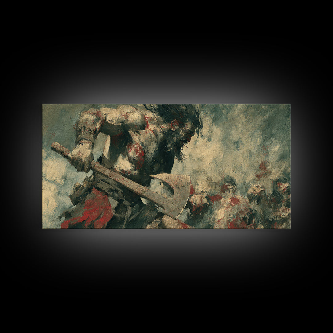 Bloodied Axe Warrior In Chaotic Battle Wall Art, Viking Fantasy Painting, Dark Medieval Canvas Decor For Man Cave Gift For Him