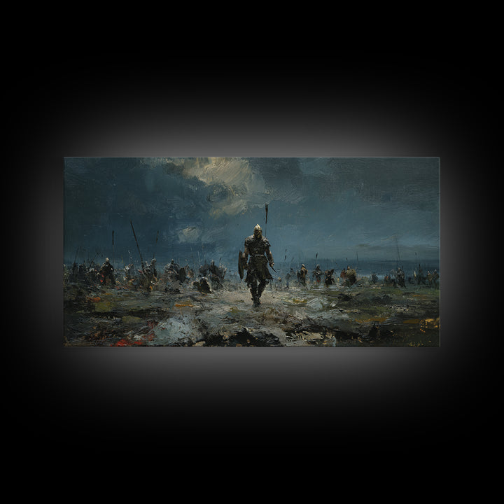 Warrior Leading Army Through Rain Canvas Print Dark Battlefield Wall Art, Epic Historical Decor For Masculine Home Office