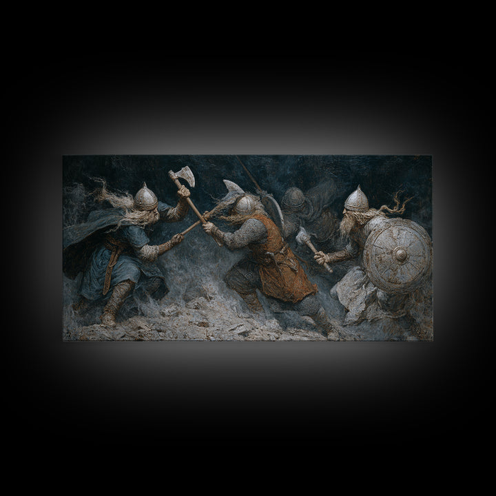 Medieval Warriors In Snowy Clash Framed Canvas Print, Viking Battle Wall Art, Dark Fantasy Man Cave Home Decor, Gift For Him