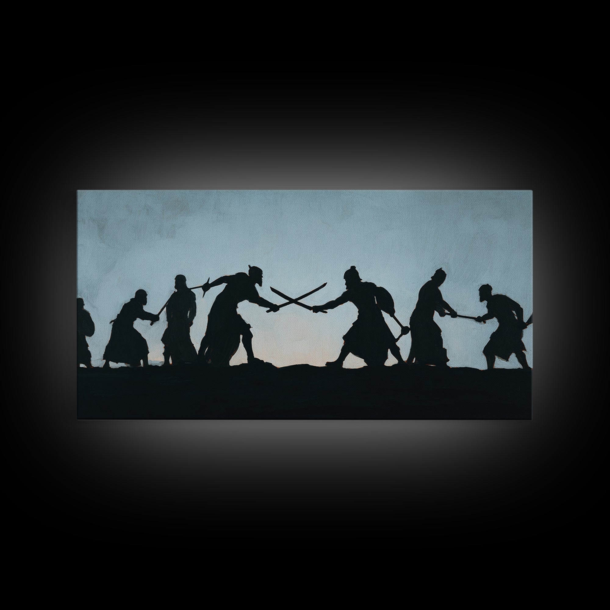 Silhouetted Sword Fighters Wall Art, Minimalist Warrior Battle Print, Black And White Decor, Fantasy Office Art Gift For Him