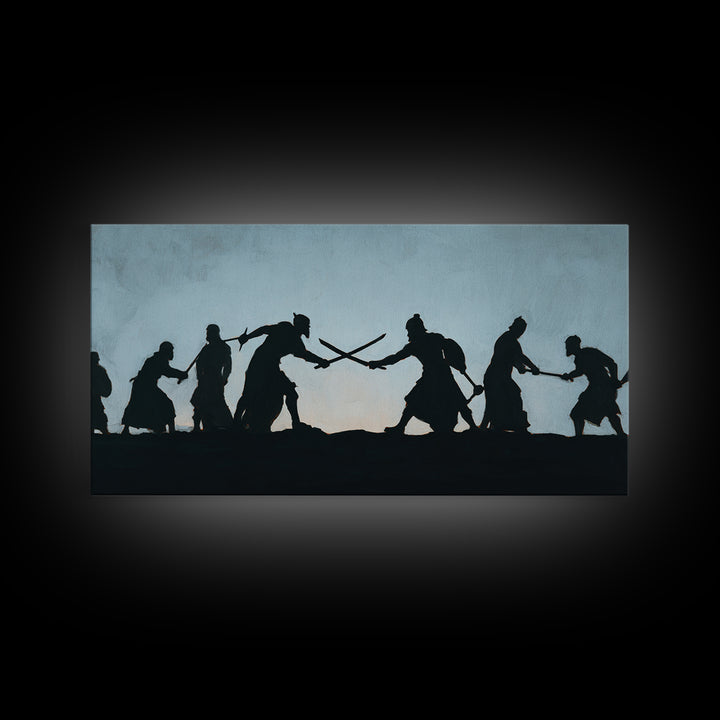 Silhouetted Sword Fighters Wall Art, Minimalist Warrior Battle Print, Black And White Decor, Fantasy Office Art Gift For Him