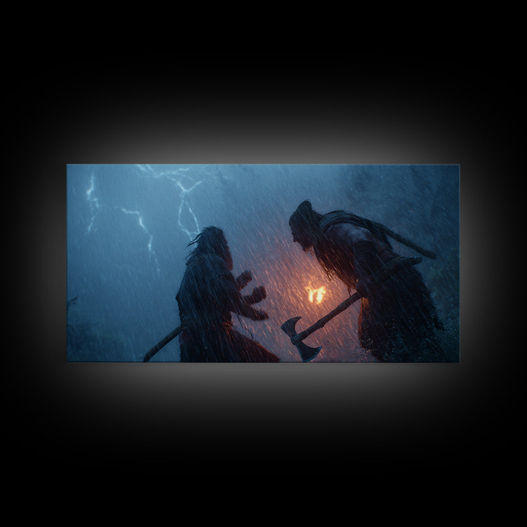 Two Viking Warriors In Lightning Storm Canvas Print, Dark Fantasy Wall Art, Norse Mythology Decor, Dramatic Battle Poster