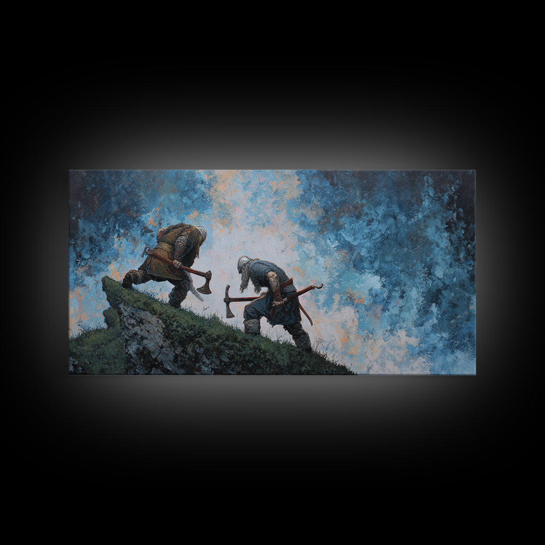 Two Axe Warriors Climbing Stormy Ridge Framed Canvas Print, Viking Battle Wall Art, Dark Fantasy Office Decor Gift, Medieval Art Print