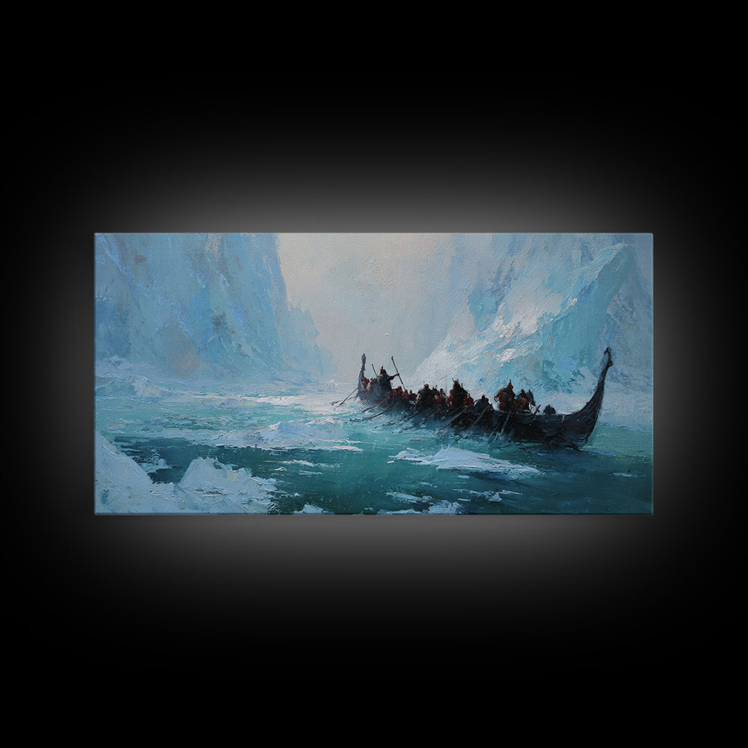 Icy Viking Longship On Turquoise Fjord Canvas Print, Nordic Seascape Wall Decor, Coastal Adventure Art, Gift For Him, Home Decor