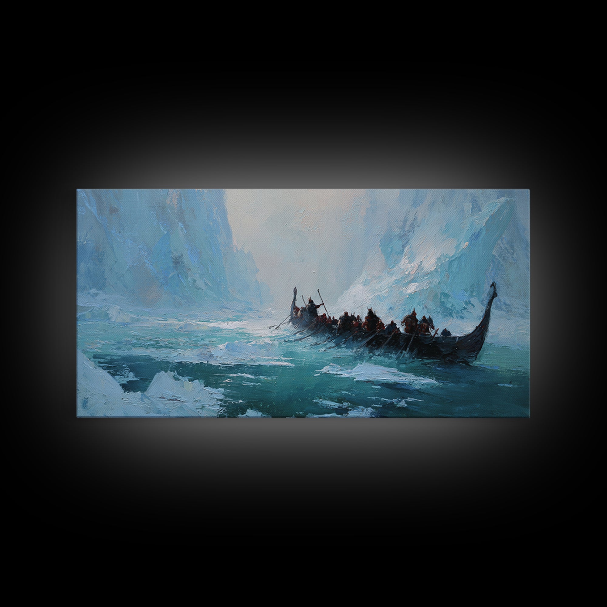 Icy Viking Longship On Turquoise Fjord Canvas Print, Nordic Seascape Wall Decor, Coastal Adventure Art, Gift For Him, Home Decor