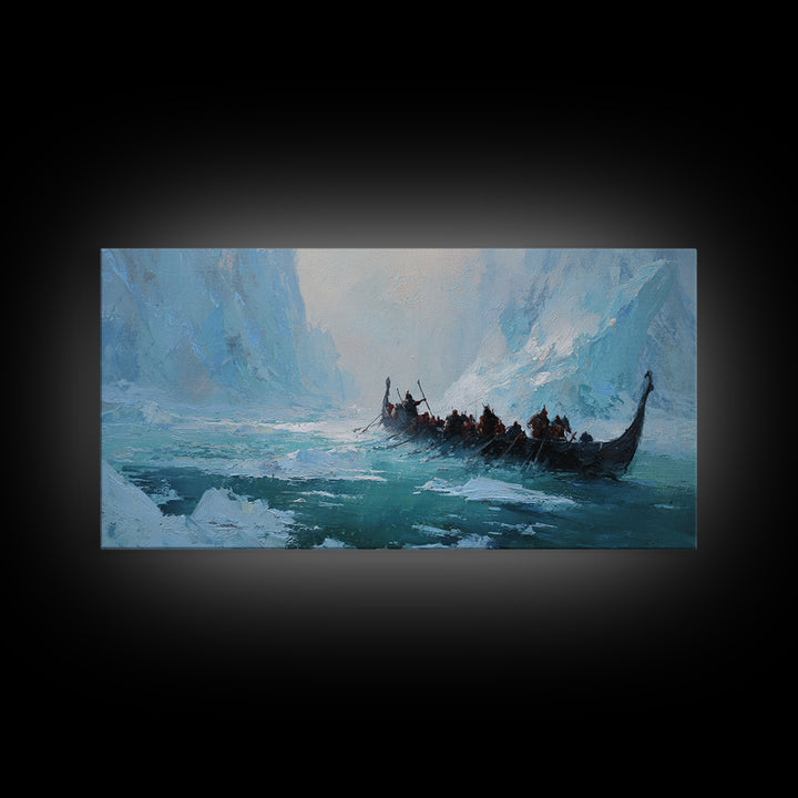 Icy Viking Longship On Turquoise Fjord Canvas Print, Nordic Seascape Wall Decor, Coastal Adventure Art, Gift For Him, Home Decor