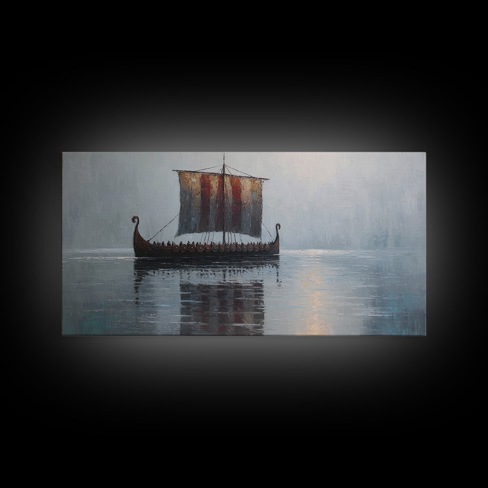 Viking Longship In Misty Water Canvas Print, Nautical Wall Art, Norse Seascape Painting, Coastal Decor For Living Room Art