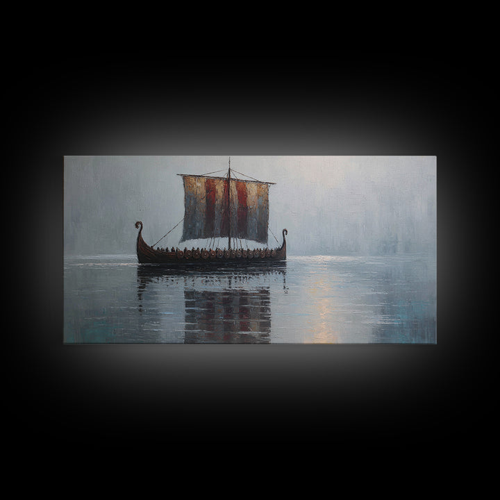 Viking Longship In Misty Water Canvas Print, Nautical Wall Art, Norse Seascape Painting, Coastal Decor For Living Room Art