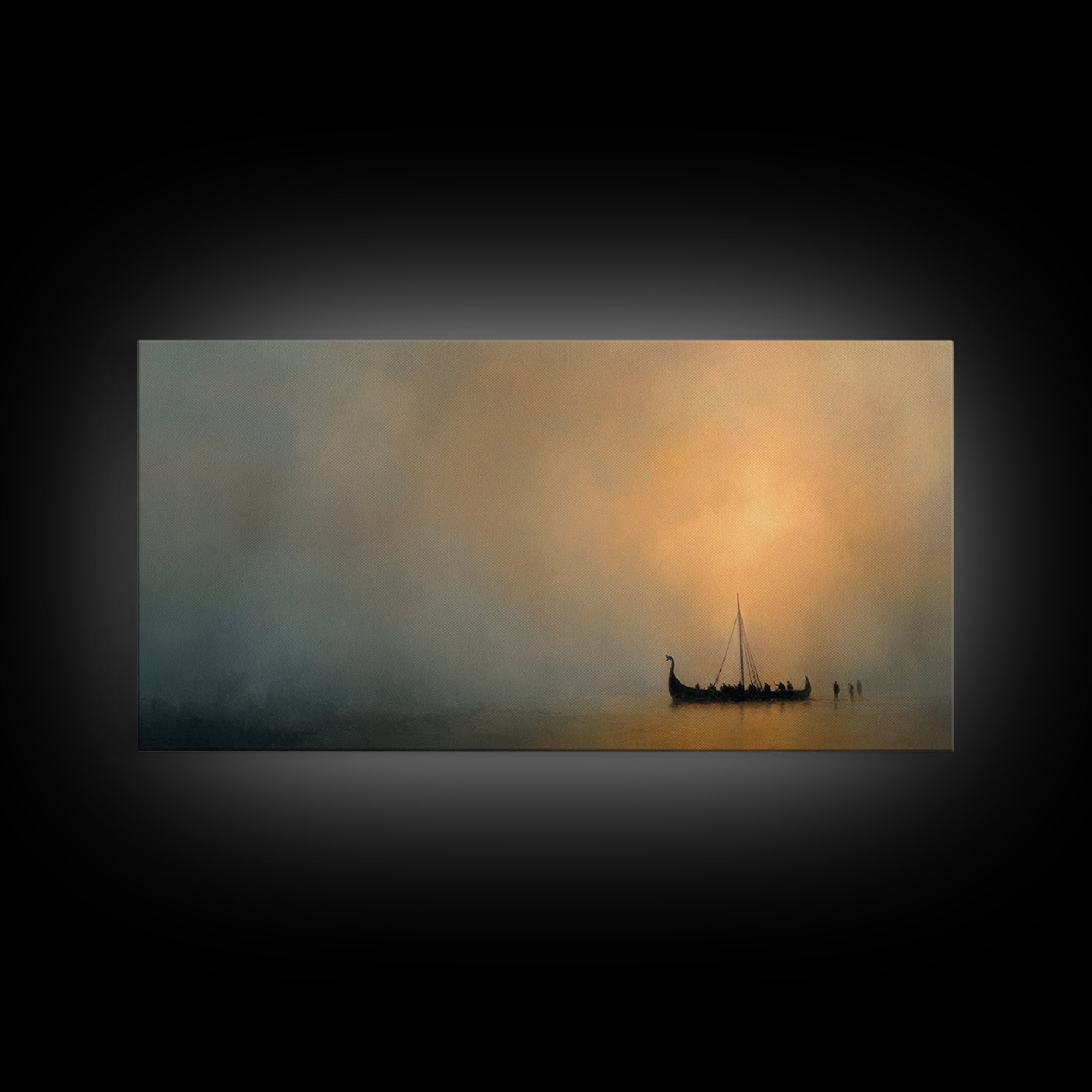 Misty Viking Ship At Golden Fog Canvas Print, Nordic Seascape Wall Decor, Minimalist Coastal Art, Calming Home Decor, Above Sofa Art