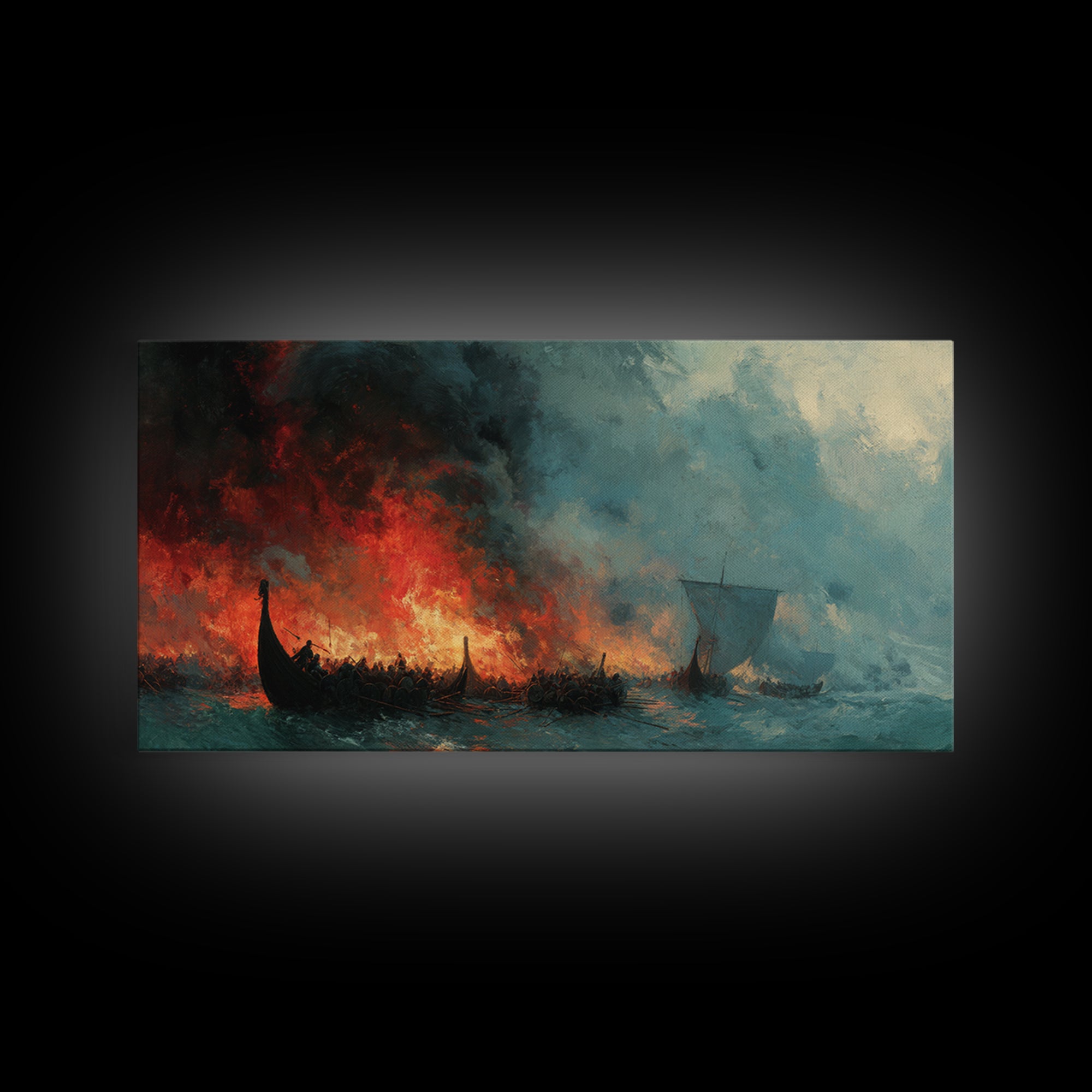 Burning Viking Ships At Stormy Sea Wall Art, Dramatic Norse Seascape Canvas Decor, Historical Ocean Art For Man Cave Decor