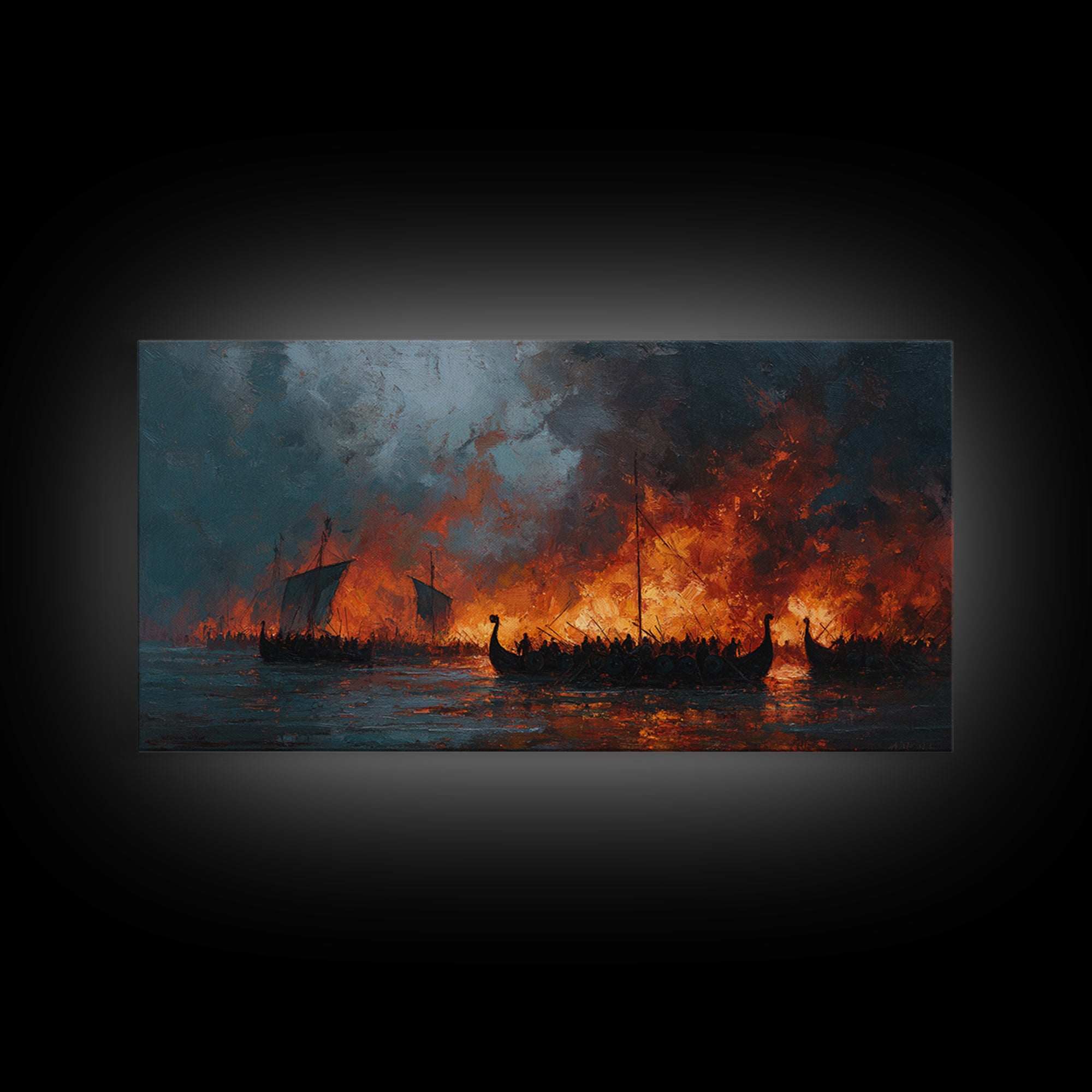 Burning Viking Longships At Sea Wall Art, Dramatic Fantasy Art, Moody Seascape, Historical Battle, Living Room Decor, Office Decor