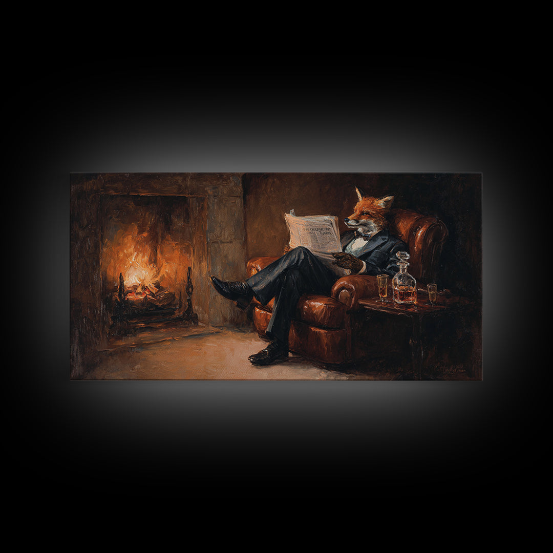 Fox Gentleman Reading By Fireside Canvas Print, Cozy Library Wall Art, Whimsical Animal Decor, Dark Academia Gift For Him