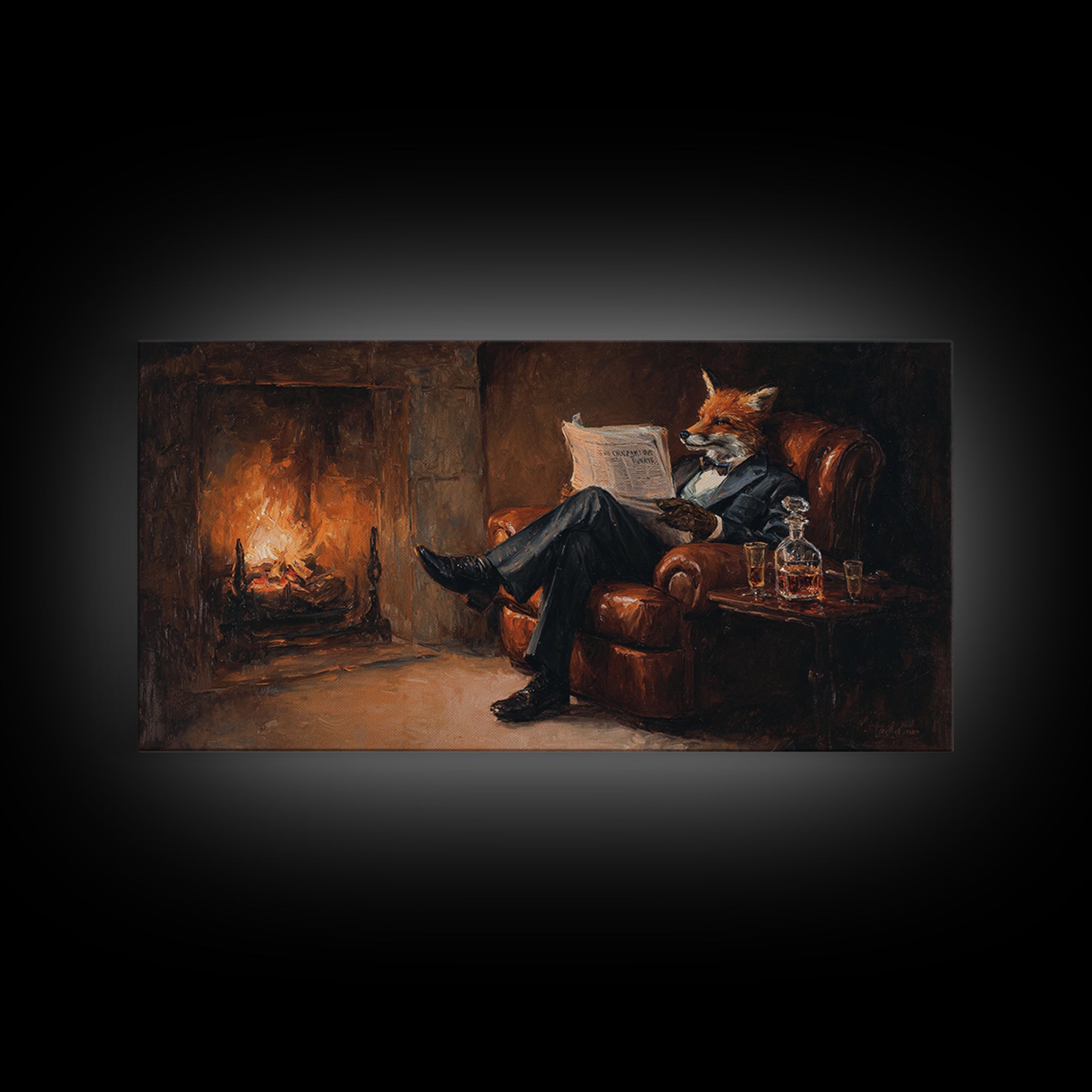 Fox Gentleman Reading By Fireside Canvas Print, Cozy Library Wall Art, Whimsical Animal Decor, Dark Academia Gift For Him