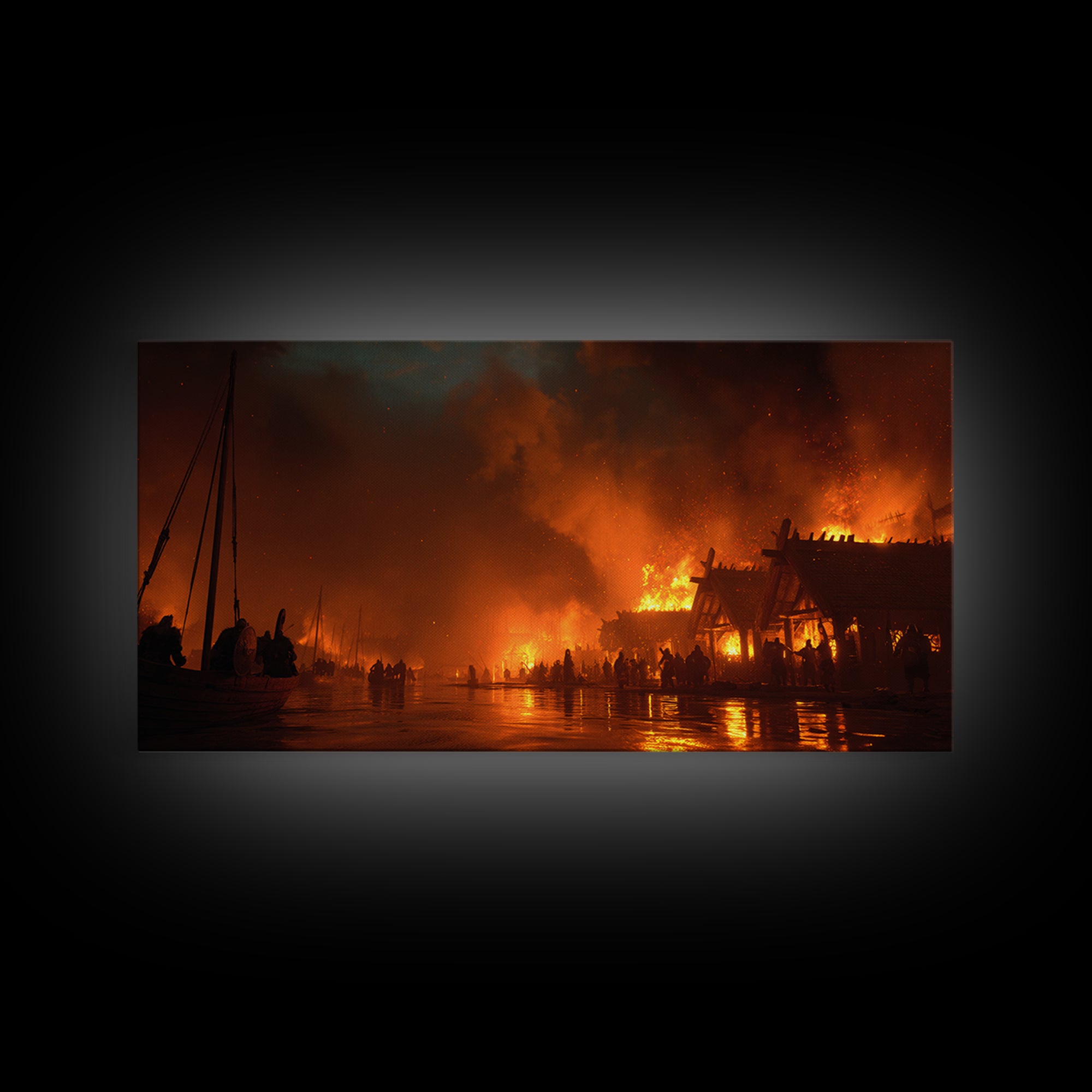 Burning Viking Village At Night Canvas Print, Fiery Harbor Wall Art, Norse Fantasy Decor, Dramatic Medieval Landscape Poster