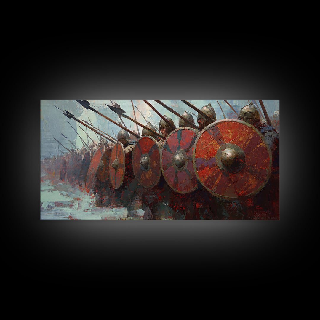 Spartan Phalanx With Red Shields Framed Canvas Print Ancient Warrior Wall Art, Historical Battle Office Decor For Man Cave